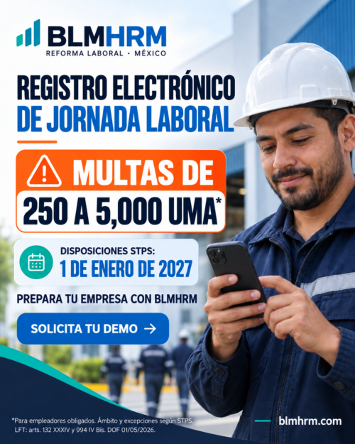 BLMHRM: reforma laboral México, multas de 250 a 5,000 UMA para empleadores obligados y disposiciones STPS desde enero de 2027. Creatividad ilustrativa.